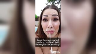 Cuckold Captions: Instead of cleaning up she spends a few moments playing with the spit and cum in plainview by the poolside #2